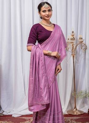 Light Magenta Color Zari Embroidery Hotflix Diamond Work Vichitra Silk Saree 2