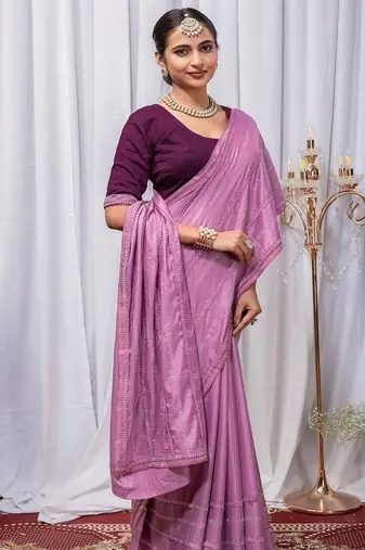 Light Magenta Color Zari Embroidery Hotflix Diamond Work Vichitra Silk Saree