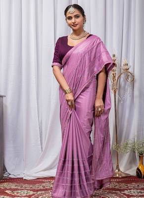 Light Magenta Color Zari Embroidery Hotflix Diamond Work Vichitra Silk Saree 1