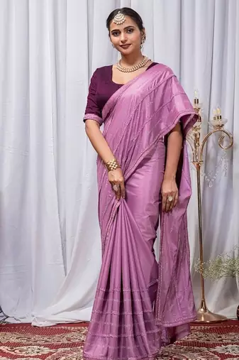 Light Magenta Color Zari Embroidery Hotflix Diamond Work Vichitra Silk Saree