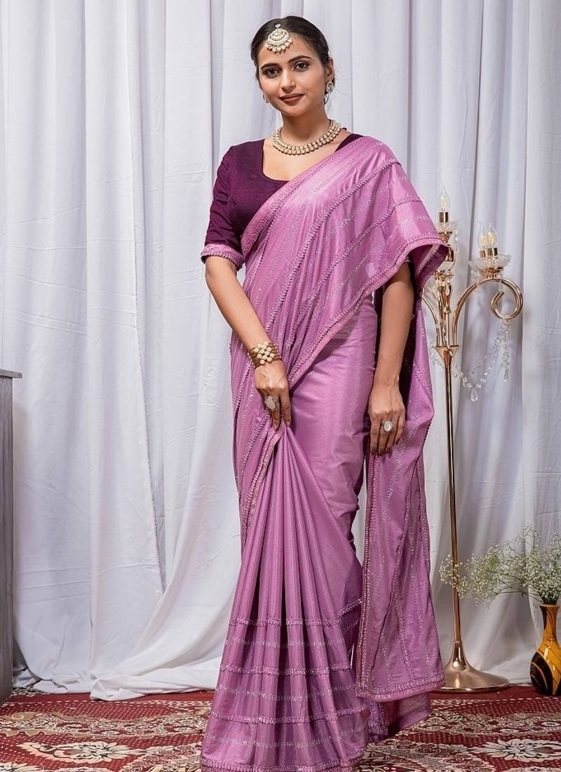 Light Magenta Color Zari Embroidery Hotflix Diamond Work Vichitra Silk Saree