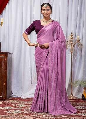 Light Magenta Color Zari Embroidery Hotflix Diamond Work Vichitra Silk Saree 3