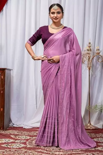 Light Magenta Color Zari Embroidery Hotflix Diamond Work Vichitra Silk Saree