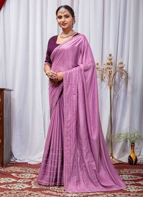 Light Magenta Color Zari Embroidery Hotflix Diamond Work Vichitra Silk Saree 4