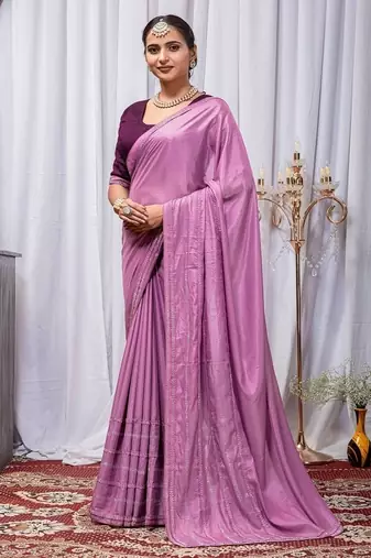 Light Magenta Color Zari Embroidery Hotflix Diamond Work Vichitra Silk Saree