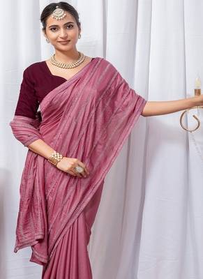 Pink Color Zari Embroidery Hotflix Diamond Work Vichitra Silk Saree 2