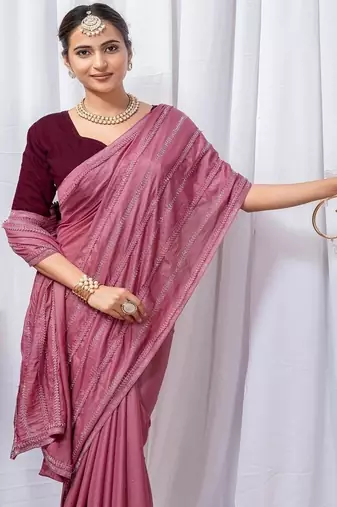 Pink Color Zari Embroidery Hotflix Diamond Work Vichitra Silk Saree