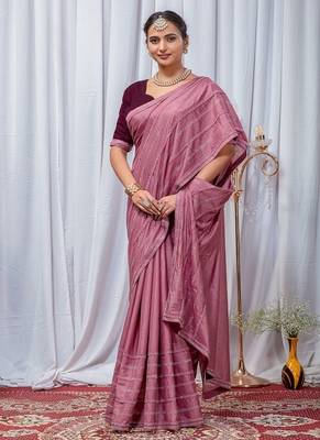 Pink Color Zari Embroidery Hotflix Diamond Work Vichitra Silk Saree 1