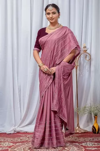 Pink Color Zari Embroidery Hotflix Diamond Work Vichitra Silk Saree