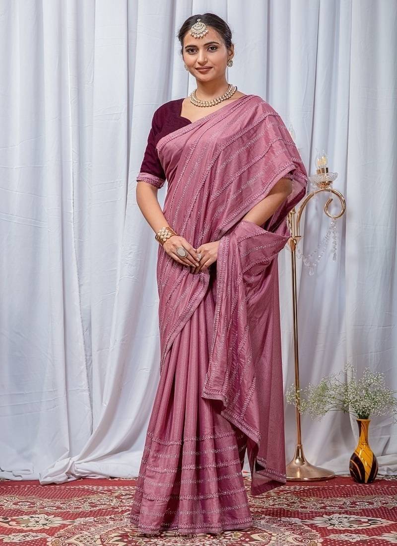 Pink Color Zari Embroidery Hotflix Diamond Work Vichitra Silk Saree