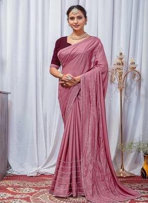 Pink Color Zari Embroidery Hotflix Diamond Work Vichitra Silk Saree 3