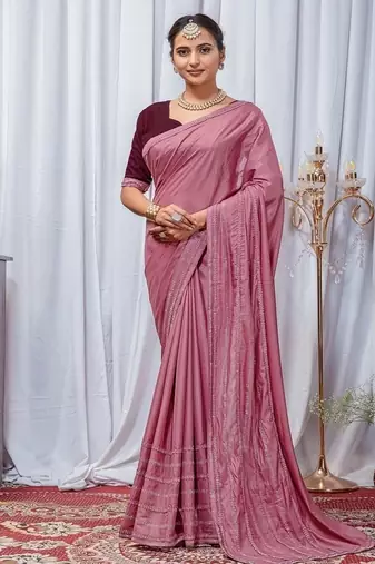 Pink Color Zari Embroidery Hotflix Diamond Work Vichitra Silk Saree