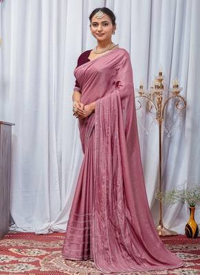 Pink Color Zari Embroidery Hotflix Diamond Work Vichitra Silk Saree 4