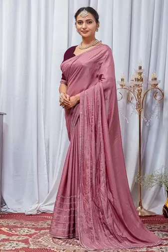 Pink Color Zari Embroidery Hotflix Diamond Work Vichitra Silk Saree