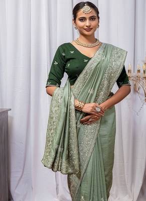 Light Green Color Zari Embroidery Hotflix Diamond Work Vichitra Silk Saree 2