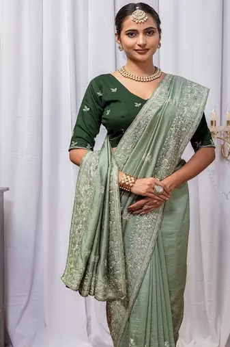 Light Green Color Zari Embroidery Hotflix Diamond Work Vichitra Silk Saree