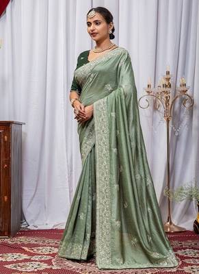 Light Green Color Zari Embroidery Hotflix Diamond Work Vichitra Silk Saree 1