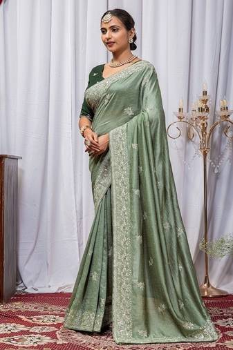 Light Green Color Zari Embroidery Hotflix Diamond Work Vichitra Silk Saree