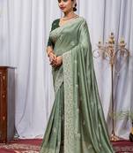 Light Green Color Zari Embroidery Hotflix Diamond Work Vichitra Silk Saree
