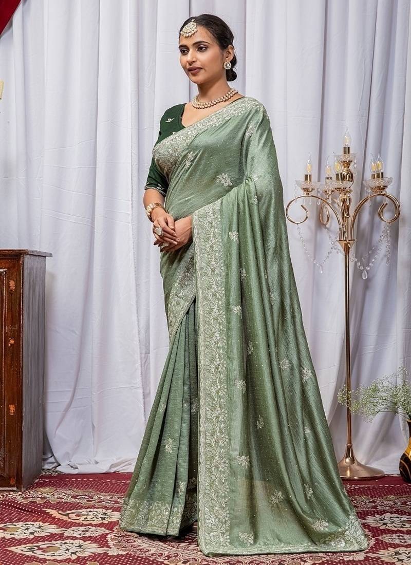 Light Green Color Zari Embroidery Hotflix Diamond Work Vichitra Silk Saree