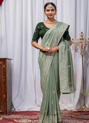 Light Green Color Zari Embroidery Hotflix Diamond Work Vichitra Silk Saree 3