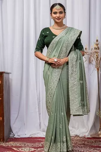 Light Green Color Zari Embroidery Hotflix Diamond Work Vichitra Silk Saree