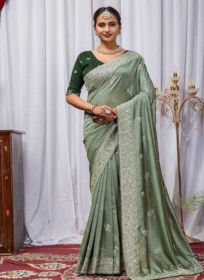 Light Green Color Zari Embroidery Hotflix Diamond Work Vichitra Silk Saree 4