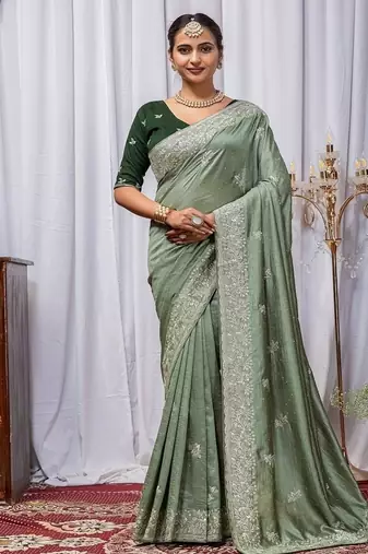 Light Green Color Zari Embroidery Hotflix Diamond Work Vichitra Silk Saree
