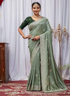Light Green Color Zari Embroidery Hotflix Diamond Work Vichitra Silk Saree 5