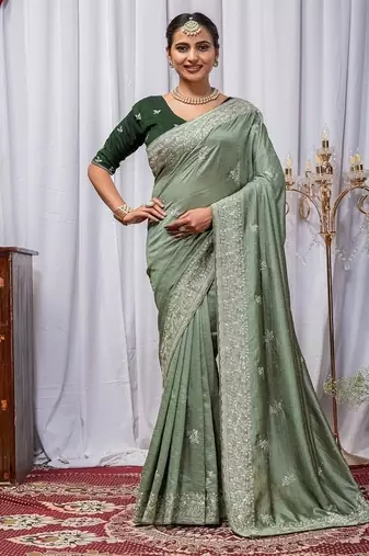 Light Green Color Zari Embroidery Hotflix Diamond Work Vichitra Silk Saree