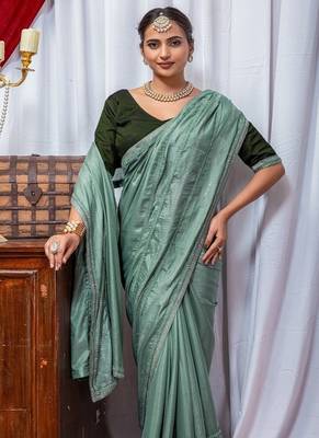 Sea Green Color Zari Embroidery Hotflix Diamond Work Vichitra Silk Saree 2