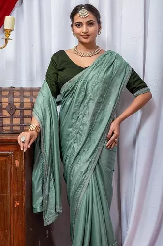 Sea Green Color Zari Embroidery Hotflix Diamond Work Vichitra Silk Saree