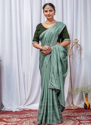 Sea Green Color Zari Embroidery Hotflix Diamond Work Vichitra Silk Saree 3