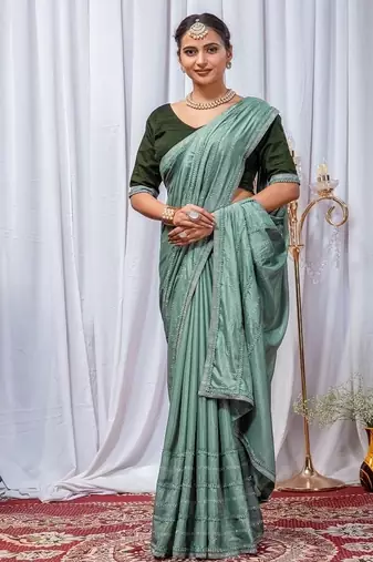 Sea Green Color Zari Embroidery Hotflix Diamond Work Vichitra Silk Saree