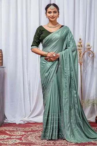 Sea Green Color Zari Embroidery Hotflix Diamond Work Vichitra Silk Saree