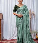 Sea Green Color Zari Embroidery Hotflix Diamond Work Vichitra Silk Saree