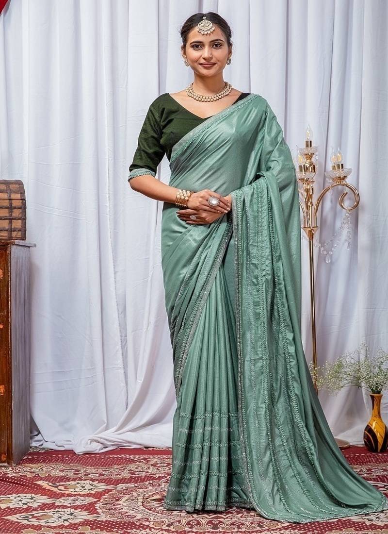 Sea Green Color Zari Embroidery Hotflix Diamond Work Vichitra Silk Saree
