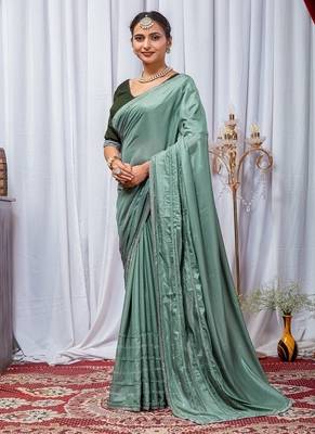 Sea Green Color Zari Embroidery Hotflix Diamond Work Vichitra Silk Saree 4