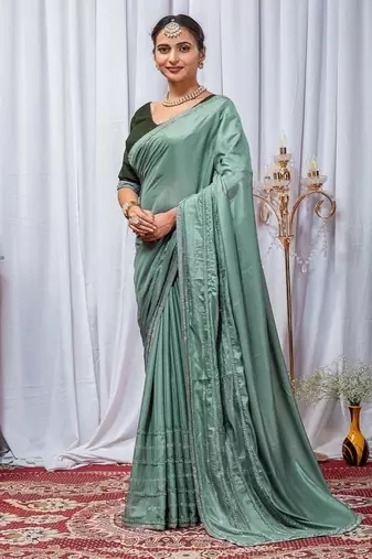Sea Green Color Zari Embroidery Hotflix Diamond Work Vichitra Silk Saree
