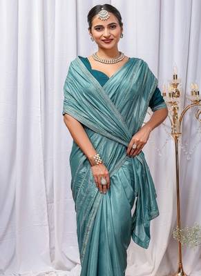 Sky Blue Color Zari Embroidery Hotflix Diamond Work Vichitra Silk Saree 2