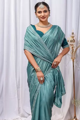 Sky Blue Color Zari Embroidery Hotflix Diamond Work Vichitra Silk Saree