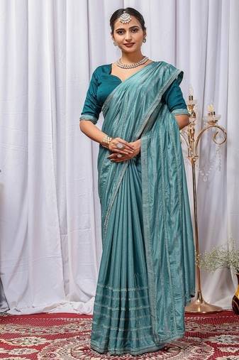 Sky Blue Color Zari Embroidery Hotflix Diamond Work Vichitra Silk Saree