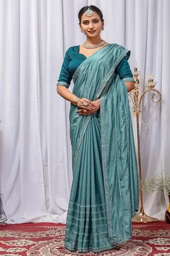 Sky Blue Color Zari Embroidery Hotflix Diamond Work Vichitra Silk Saree