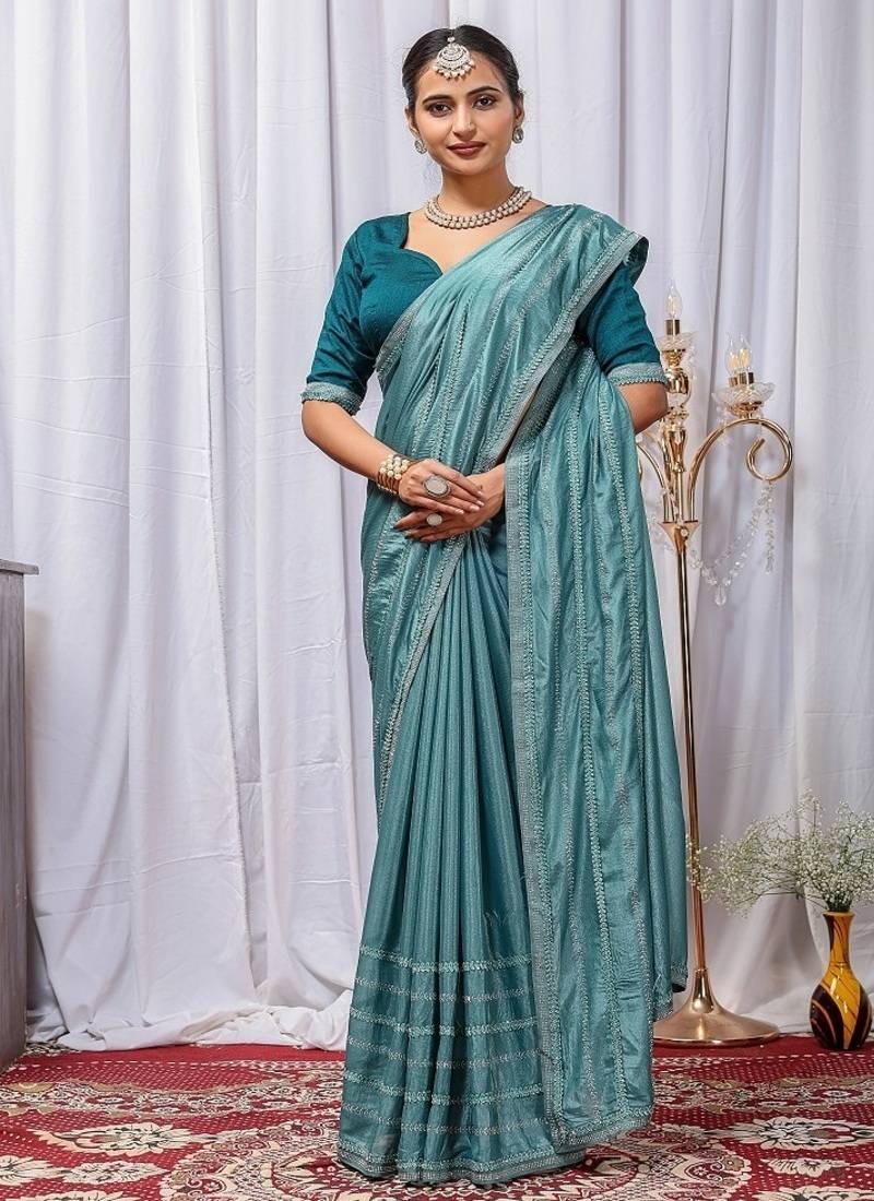 Sky Blue Color Zari Embroidery Hotflix Diamond Work Vichitra Silk Saree