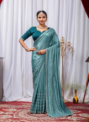 Sky Blue Color Zari Embroidery Hotflix Diamond Work Vichitra Silk Saree 3
