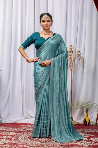Sky Blue Color Zari Embroidery Hotflix Diamond Work Vichitra Silk Saree