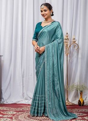 Sky Blue Color Zari Embroidery Hotflix Diamond Work Vichitra Silk Saree 4