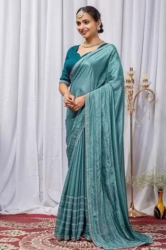 Sky Blue Color Zari Embroidery Hotflix Diamond Work Vichitra Silk Saree