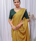Yellow Color Zari Embroidery Hotflix Diamond Work Vichitra Silk Saree