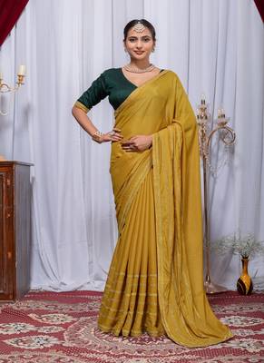 Yellow Color Zari Embroidery Hotflix Diamond Work Vichitra Silk Saree 2